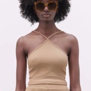 Zara Ribbed Tan Criss Cross Crop Top NWOT